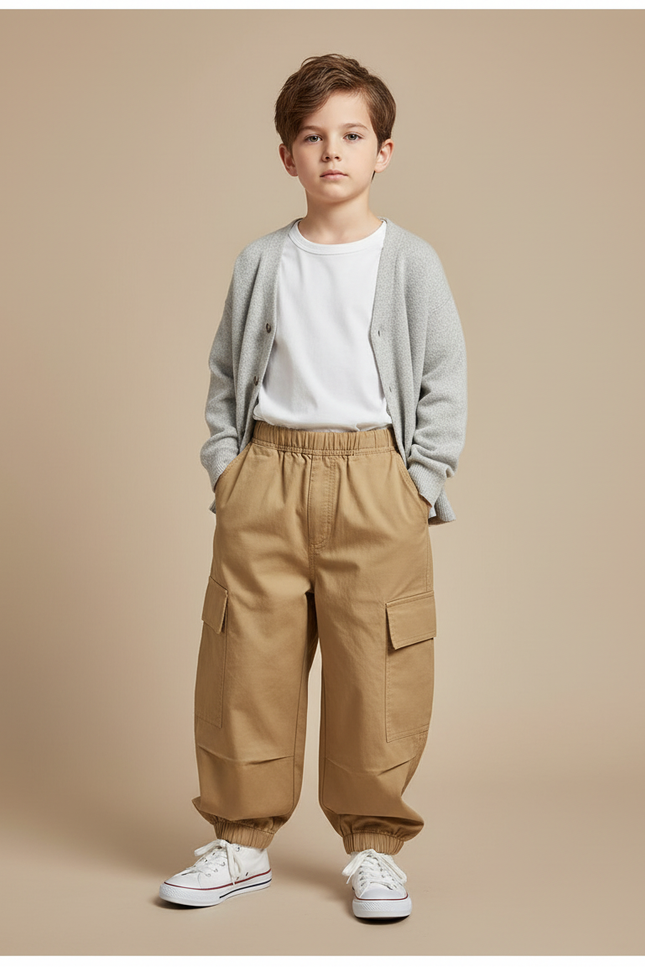 Pantalon Beige Cargo Ample Enfant Décontracté Multipoches - Gabardine