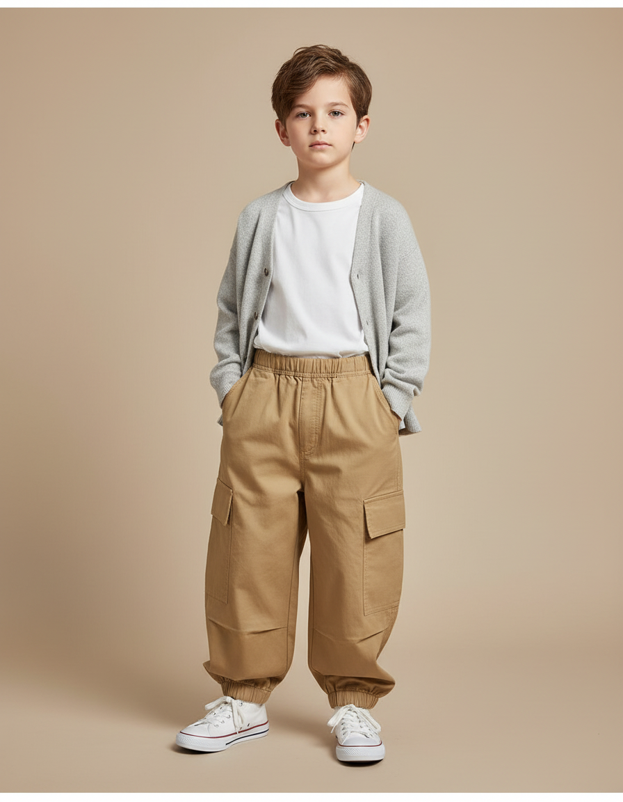 Pantalon Beige Cargo Ample Enfant Décontracté Multipoches - Gabardine