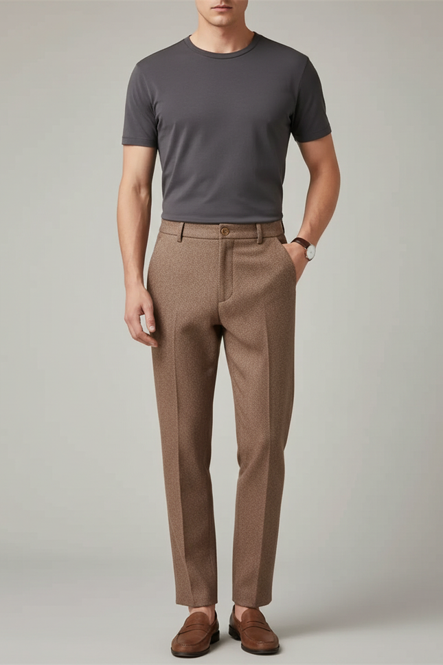 Pantalon Beige Laine Coupe Droite Élégant Homme - Marron Tweed