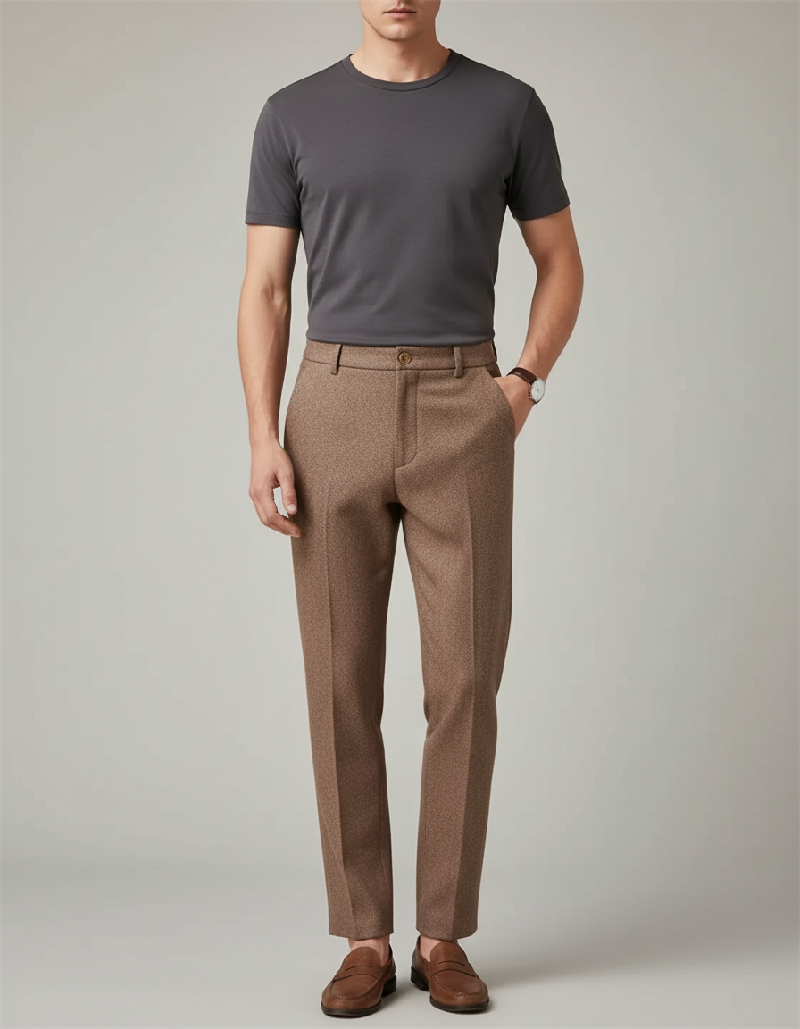 Pantalon Beige Laine Coupe Droite Élégant Homme - Marron Tweed