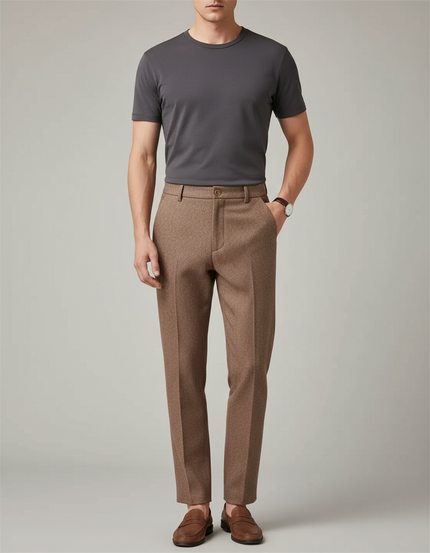 Pantalon Beige Laine Coupe Droite Élégant Homme - Marron Tweed