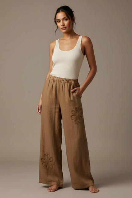 Pantalon Beige Fluide Lin Brodé Floral Ample - Marron