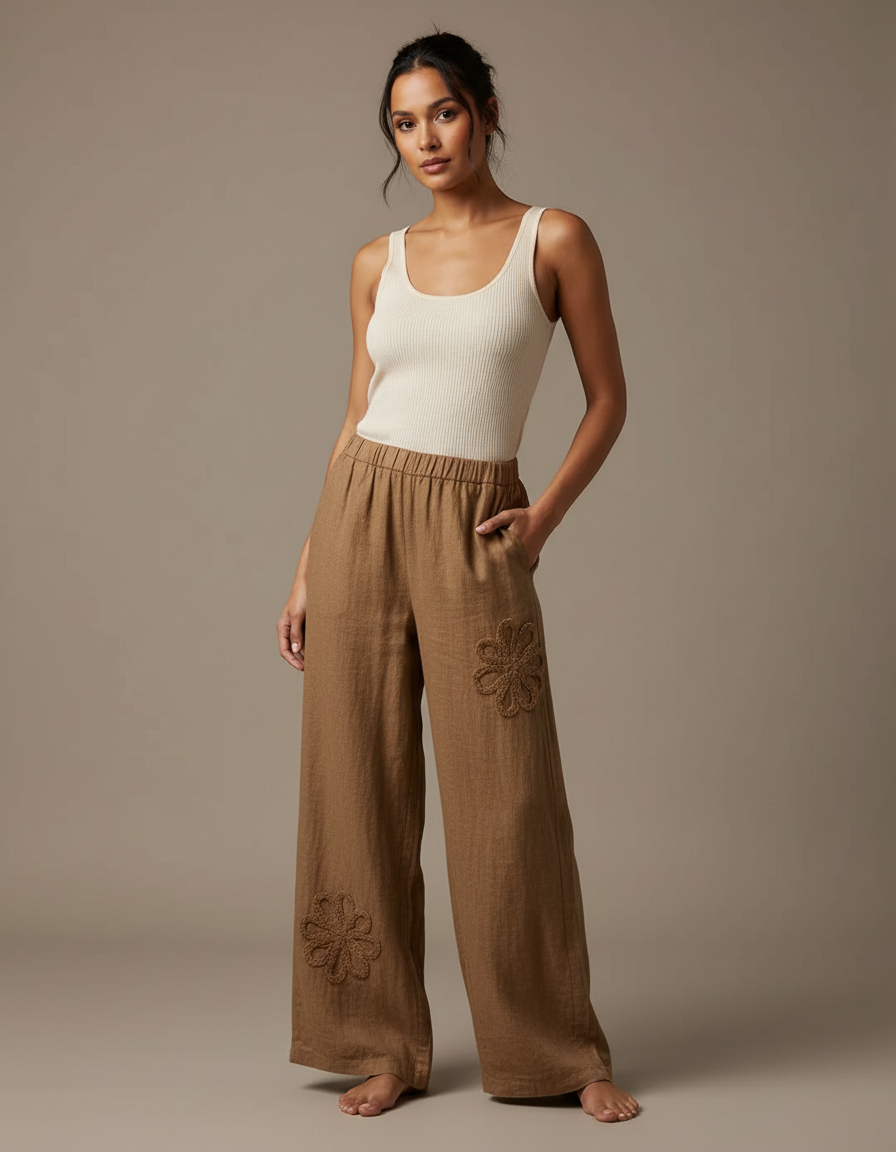Pantalon Beige Fluide Lin Brodé Floral Ample - Marron