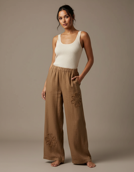 Pantalon Beige Fluide Lin Brodé Floral Ample - Marron