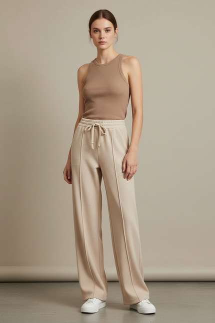 Pantalon Beige Côtelé Ample Confortable Décontracté - Maille