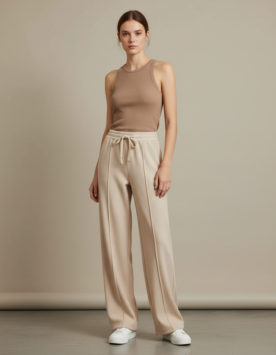Pantalon Beige Côtelé Ample Confortable Décontracté - Maille