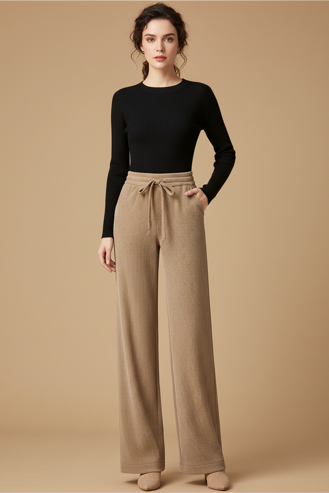 Pantalon Beige Côtelé Ample Décontracté Cordon Femme - Cordé