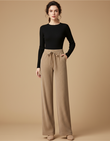 Pantalon Beige Côtelé Ample Décontracté Cordon Femme - Cordé