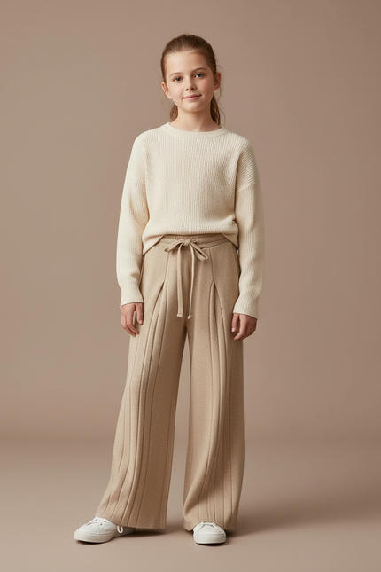 Pantalon Beige Ample Côtelé Cordon Fluide - Maille