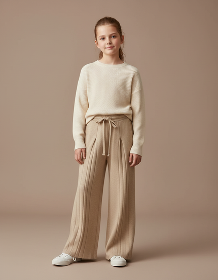 Pantalon Beige Ample Côtelé Cordon Fluide - Maille