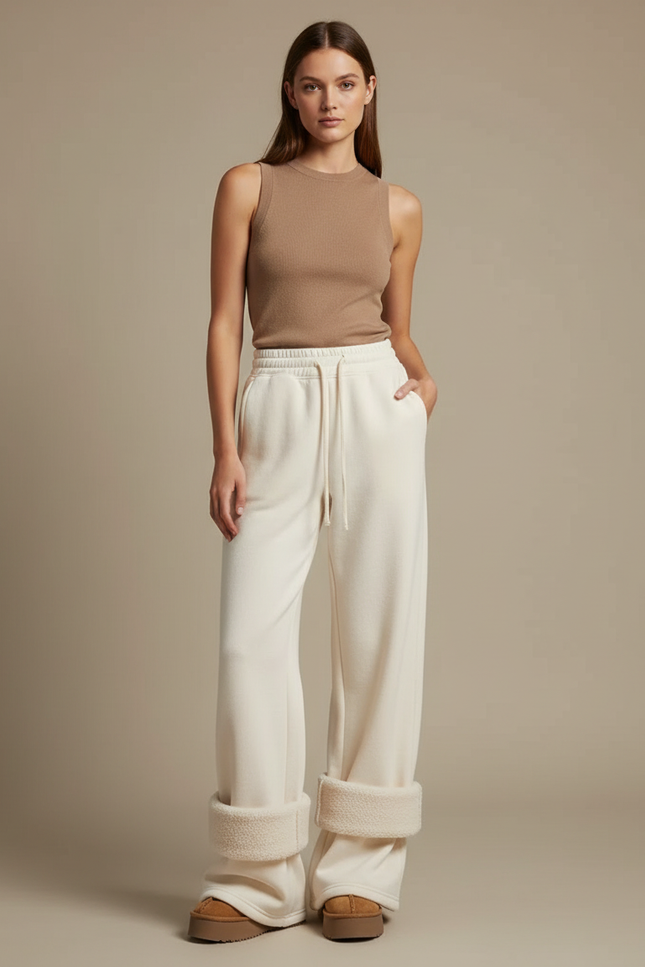 Pantalon Beige Ample Molletonné Confortable Femme