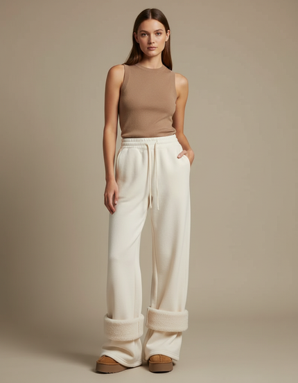 Pantalon Beige Ample Molletonné Confortable Femme