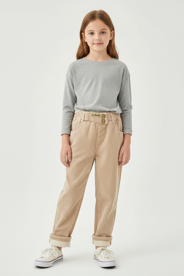 Pantalon Beige Côtelé Ample Décontracté Enfant Doublé - Cordé