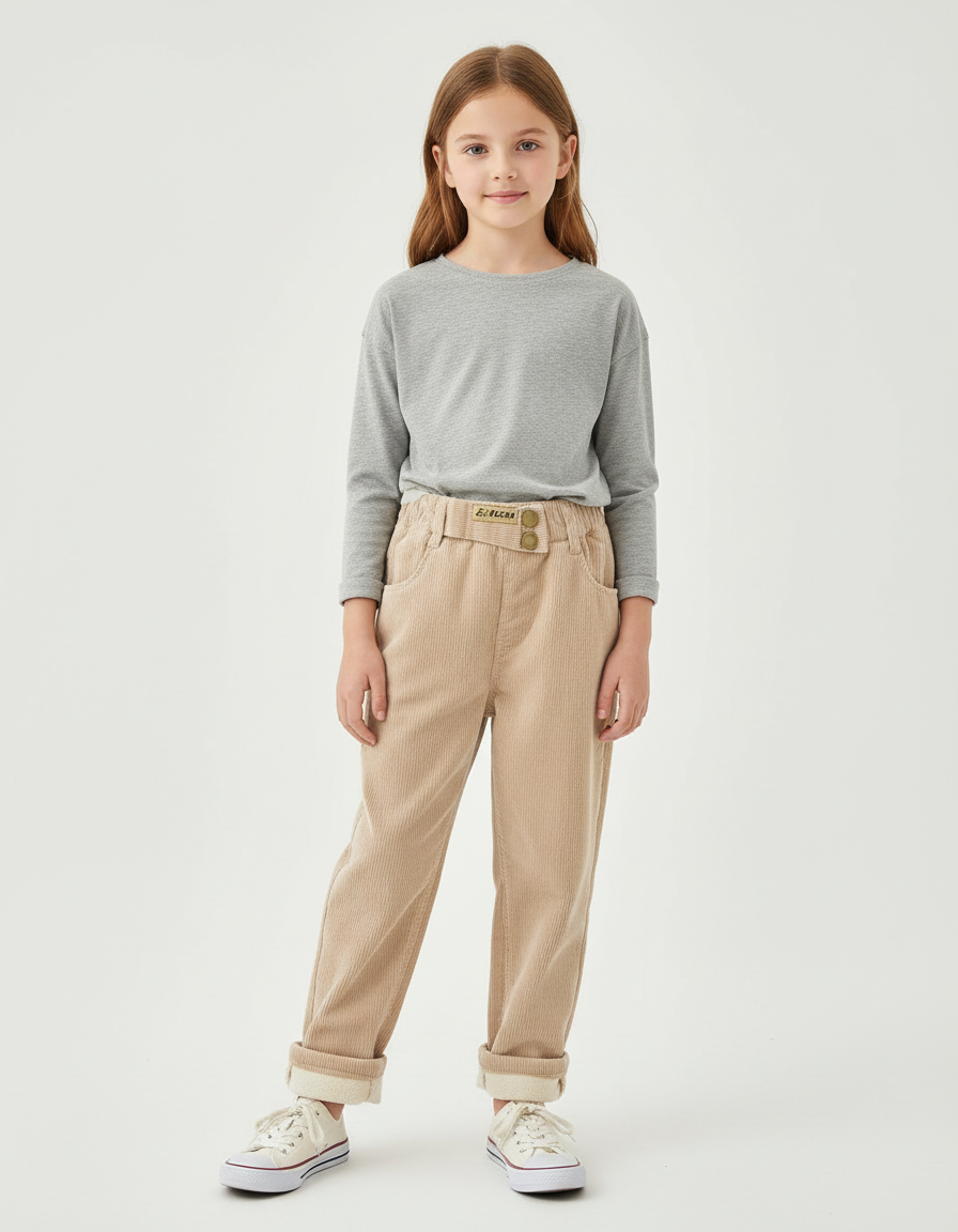 Pantalon Beige Côtelé Ample Décontracté Enfant Doublé - Cordé