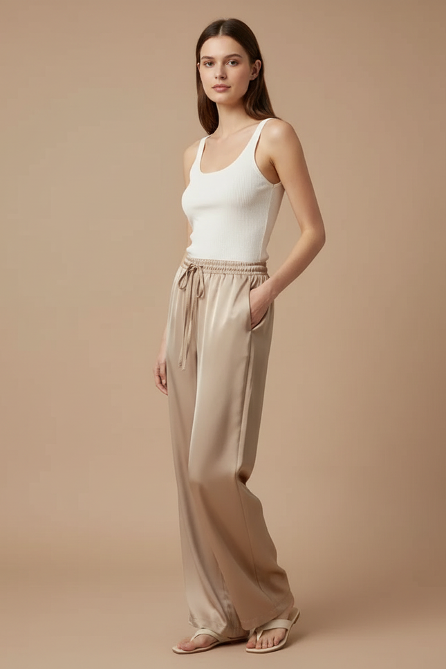 Pantalon Beige Satiné Fluide Ample Élégant Femme