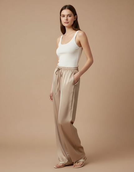 Pantalon Beige Satiné Fluide Ample Élégant Femme