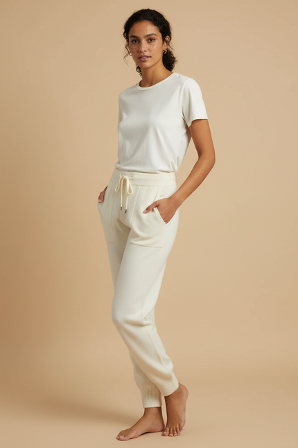 Pantalon Beige Tricoté Ample Doux Cordon Femme - Maille