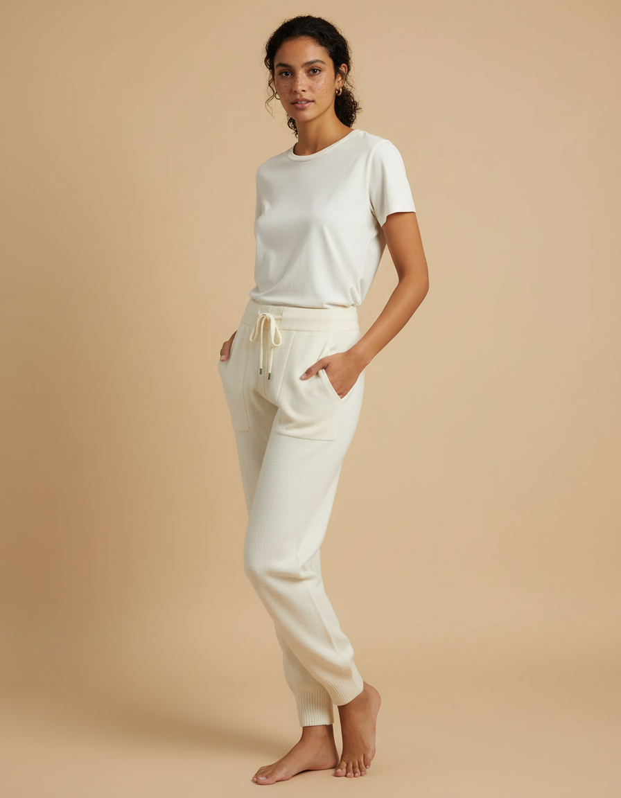 Pantalon Beige Tricoté Ample Doux Cordon Femme - Maille