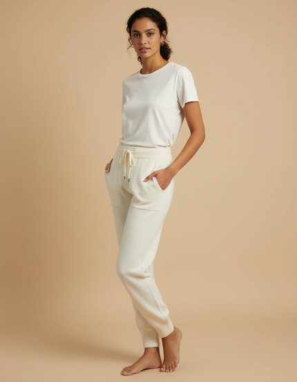 Pantalon Beige Tricoté Ample Doux Cordon Femme - Maille