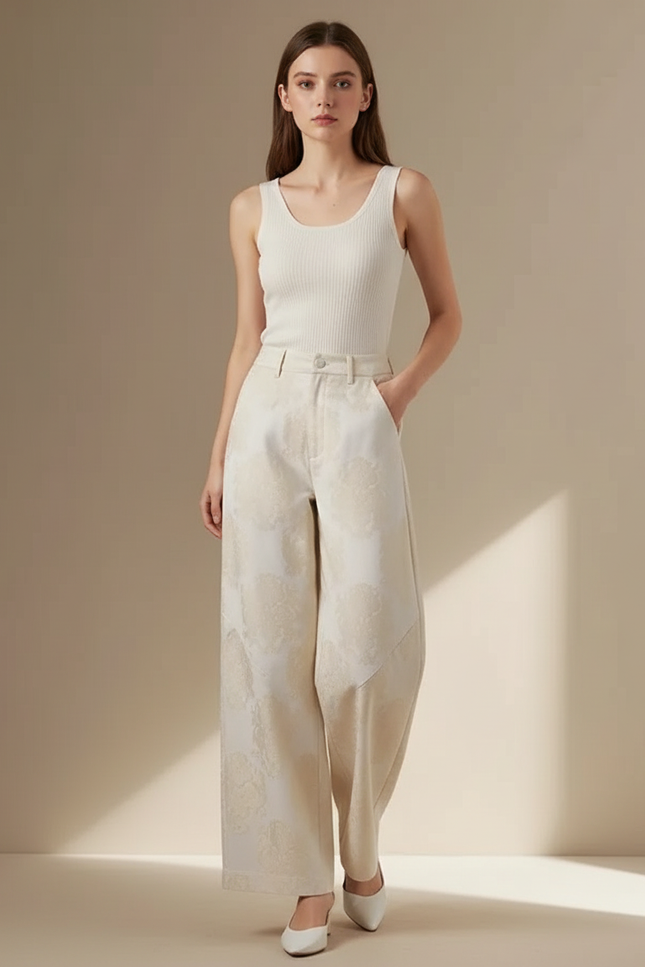 Pantalon Beige Jacquard Ample Taille Haute Élégant - Polyester