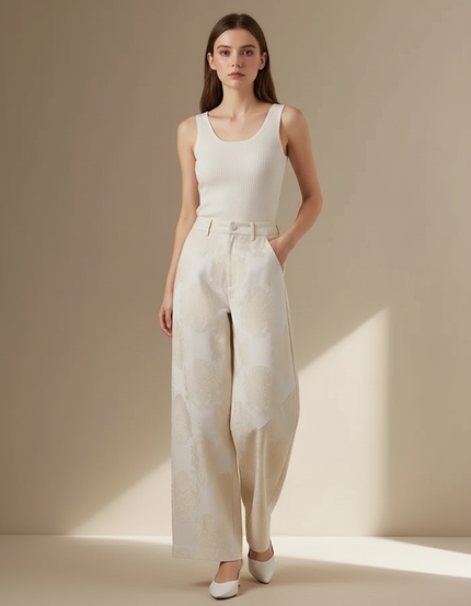 Pantalon Beige Jacquard Ample Taille Haute Élégant - Polyester