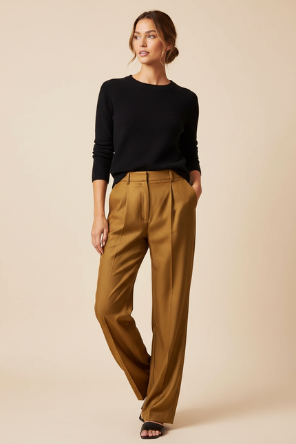 Pantalon Beige Taille Haute Ample Plissé Fluide - Camel Viscose