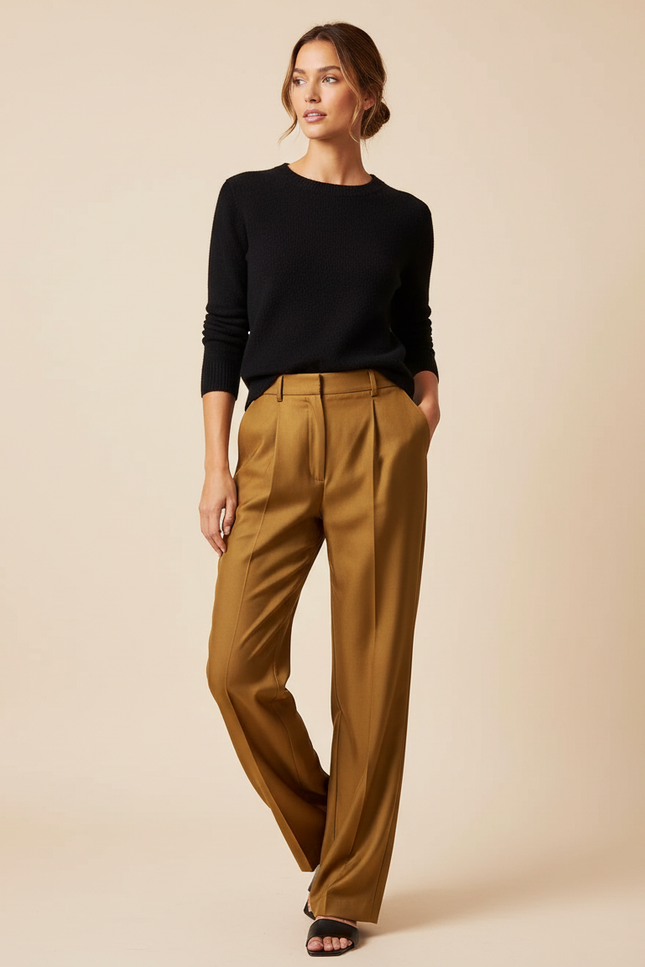 Pantalon Beige Taille Haute Ample Plissé Fluide - Camel Viscose