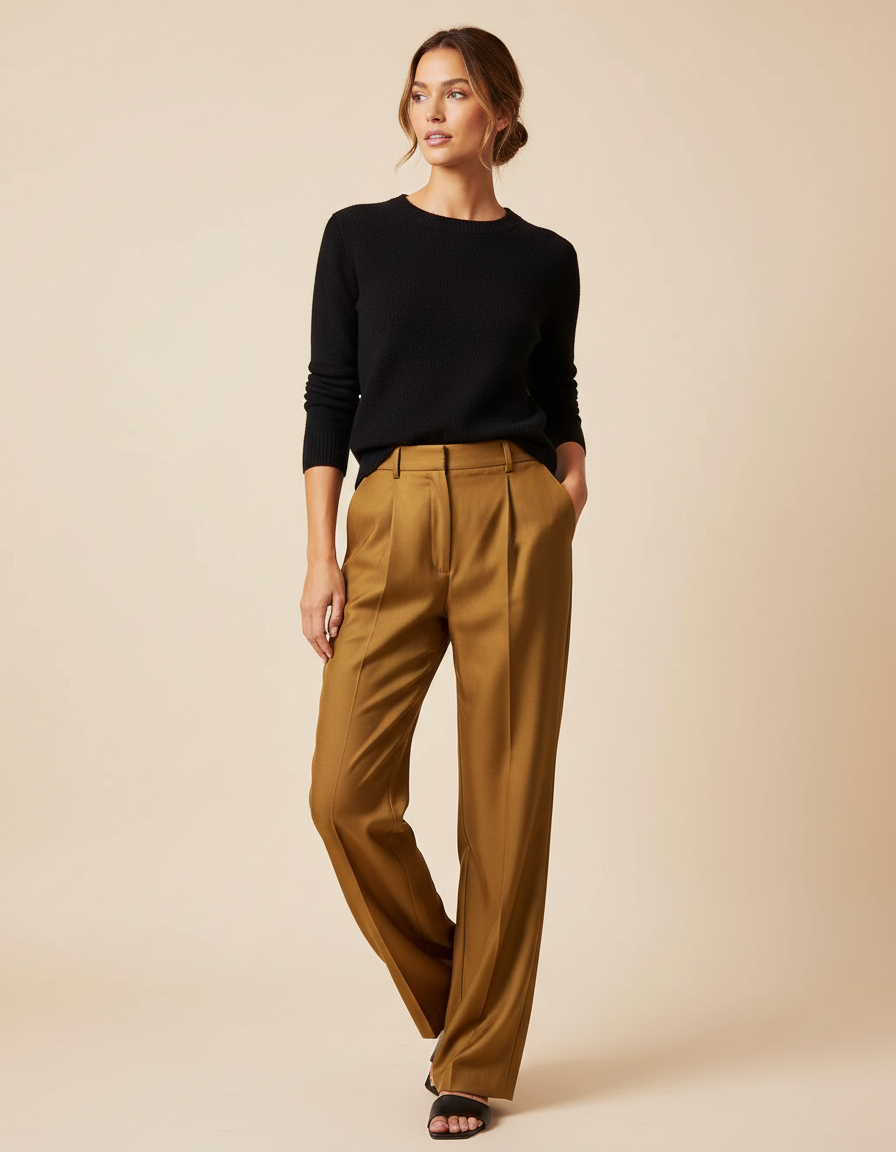 Pantalon Beige Taille Haute Ample Plissé Fluide - Camel Viscose