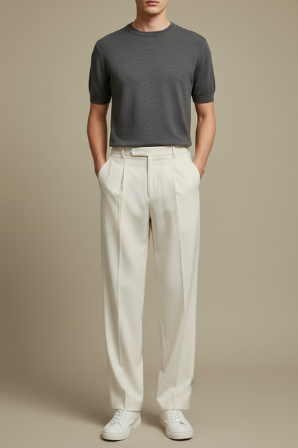 Pantalon Beige Plissé Droit Élégant Homme Décontracté - Gabardine
