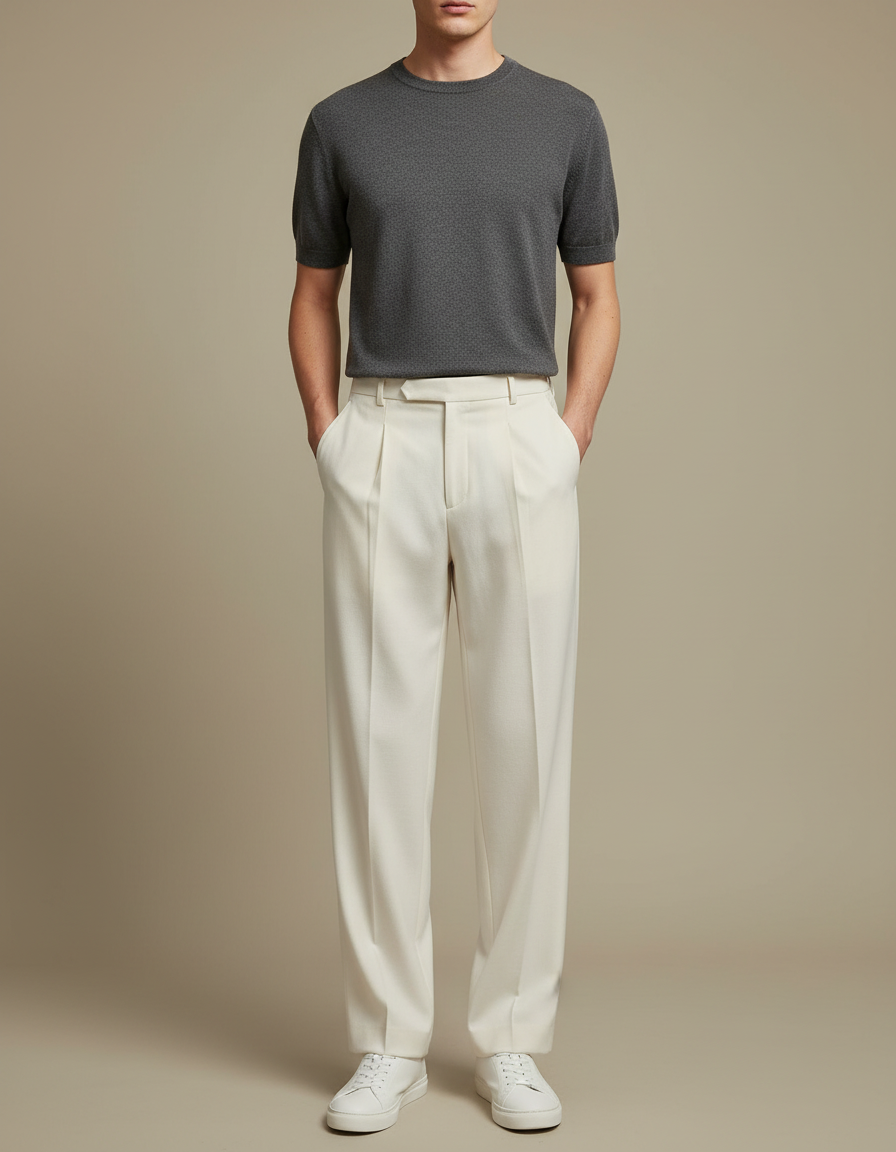 Pantalon Beige Plissé Droit Élégant Homme Décontracté - Gabardine