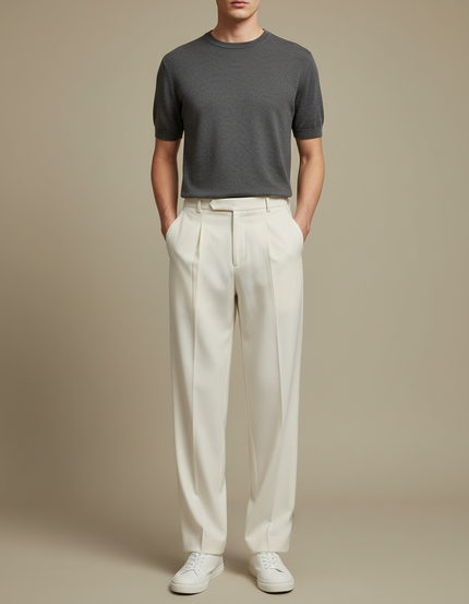 Pantalon Beige Plissé Droit Élégant Homme Décontracté - Gabardine