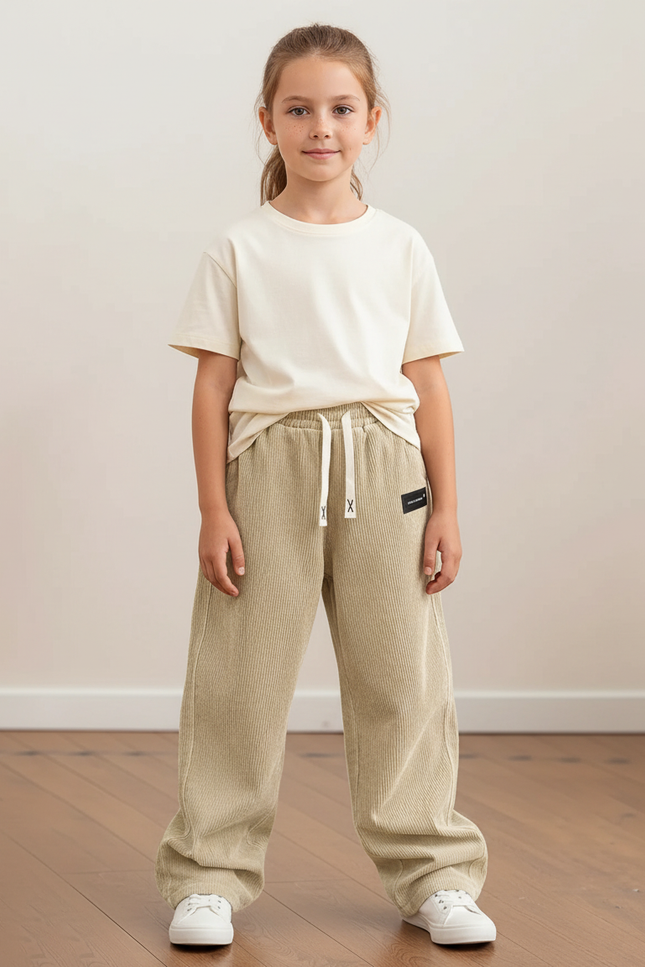 Pantalon Beige Côtelé Ample Décontracté Enfant Cordon - Cordé