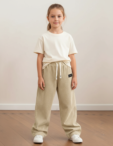 Pantalon Beige Côtelé Ample Décontracté Enfant Cordon - Cordé
