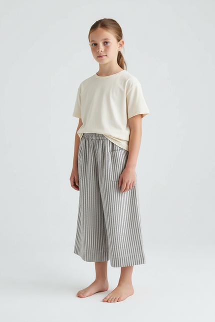 Pantalon Beige Rayé Ample Coton Lin Enfant