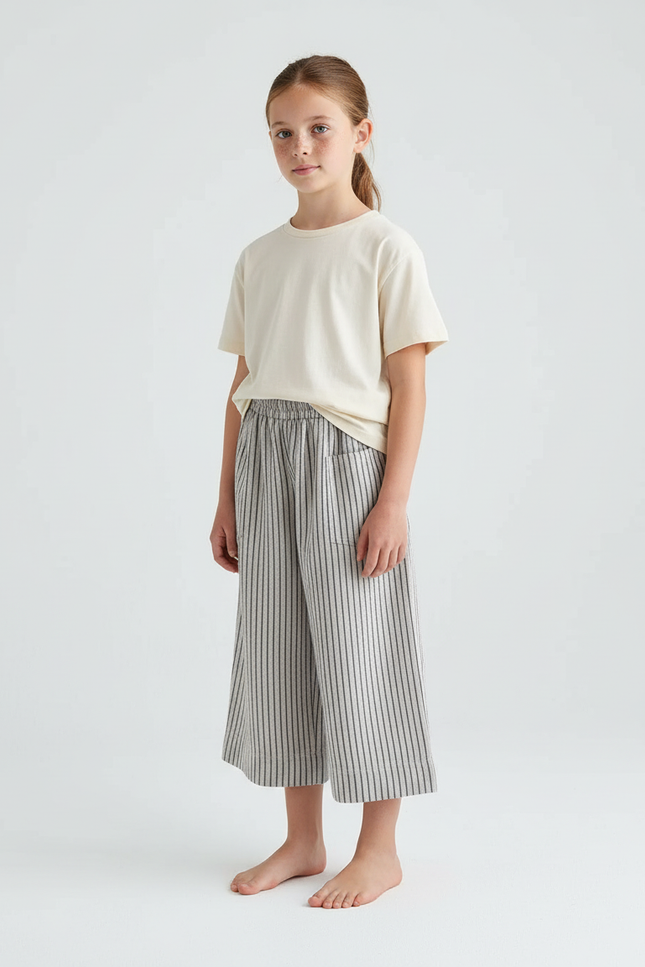 Pantalon Beige Rayé Ample Coton Lin Enfant
