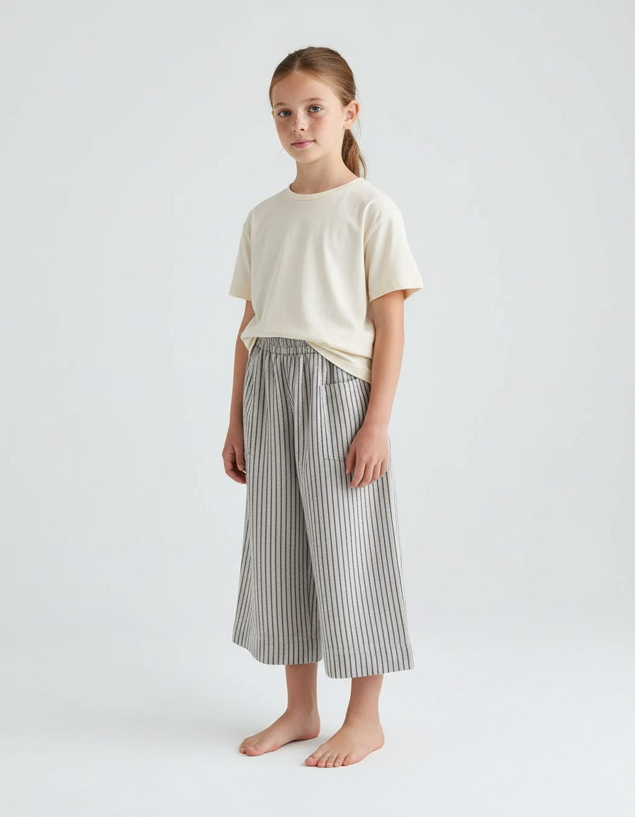 Pantalon Beige Rayé Ample Coton Lin Enfant