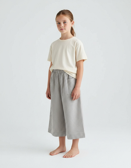 Pantalon Beige Rayé Ample Coton Lin Enfant