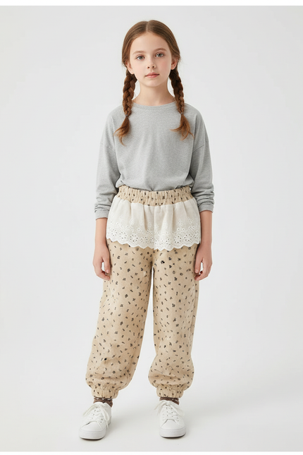 Pantalon Beige Côtelé Fleuri Ample Décontracté Fille - Cordé