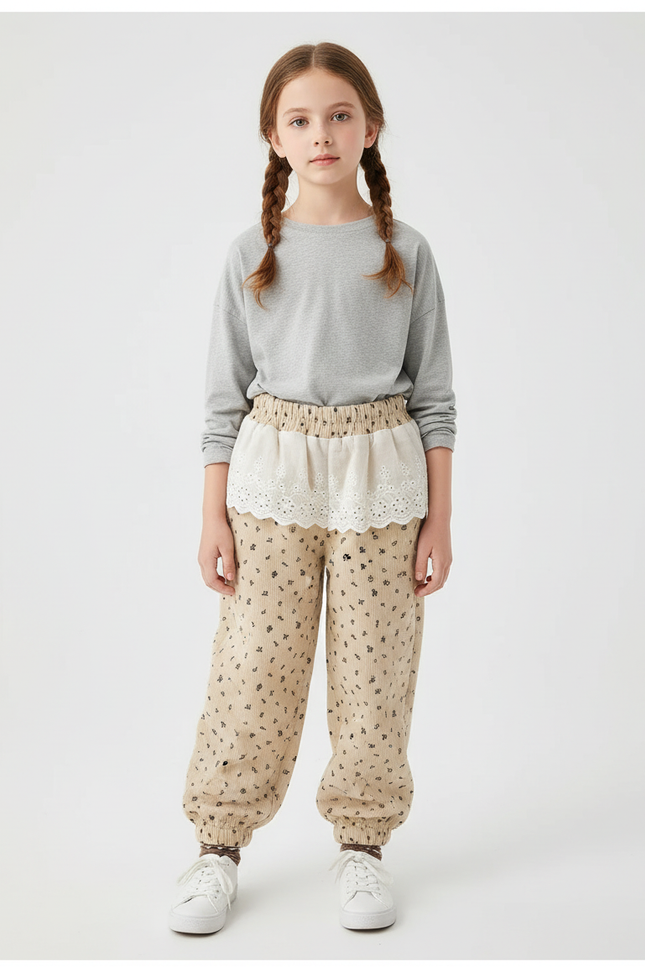 Pantalon Beige Côtelé Fleuri Ample Décontracté Fille - Cordé