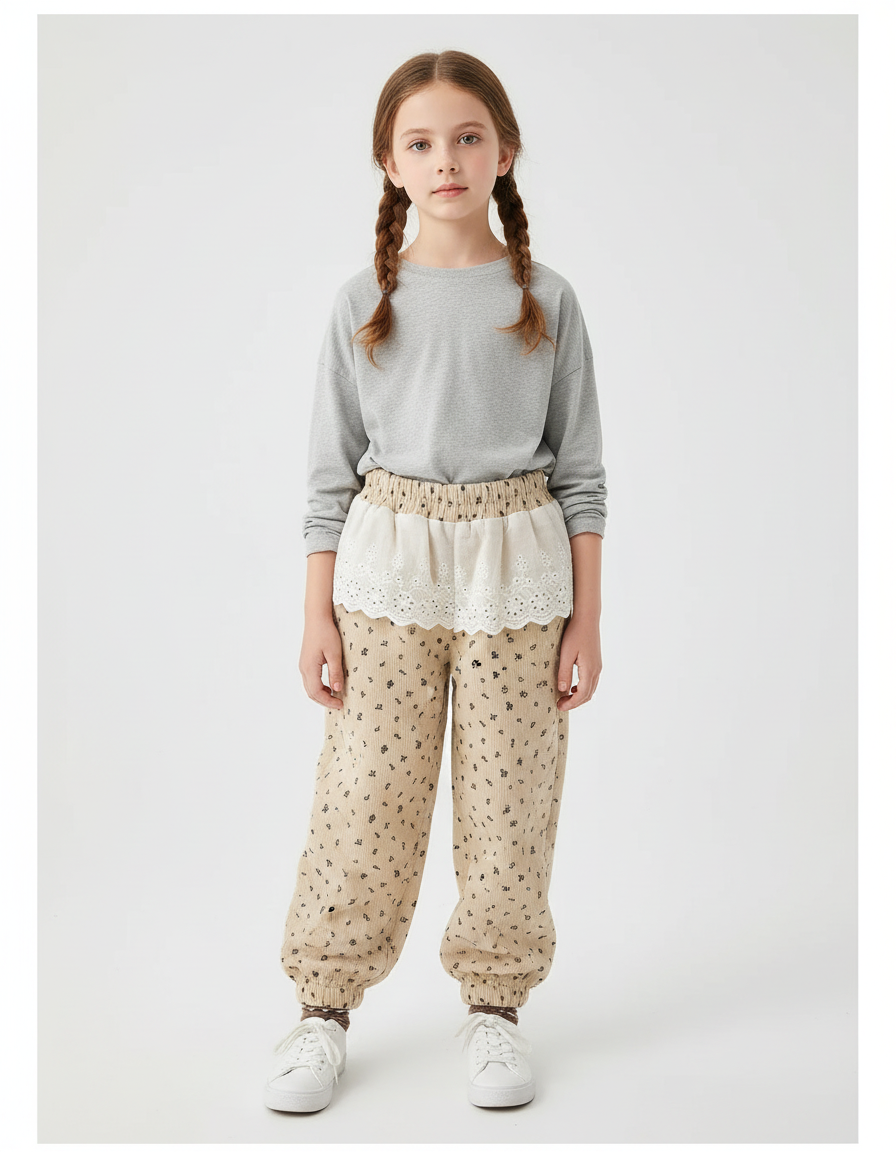 Pantalon Beige Côtelé Fleuri Ample Décontracté Fille - Cordé