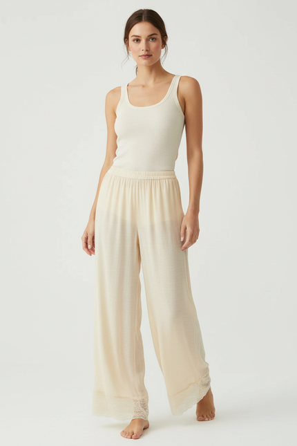 Pantalon Beige Fluide Dentelle Ample Confortable - Viscose