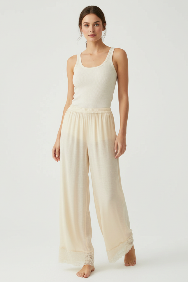 Pantalon Beige Fluide Dentelle Ample Confortable - Viscose