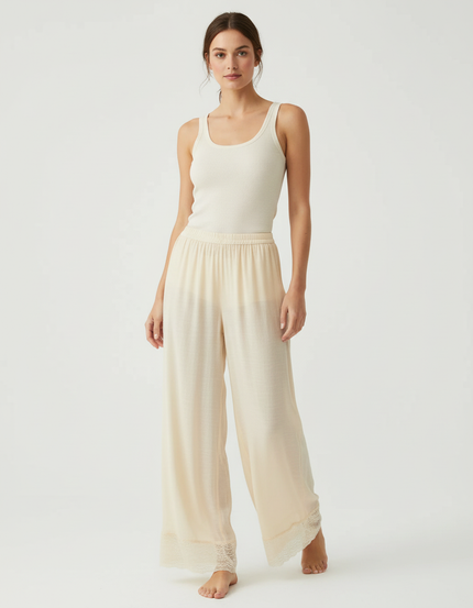 Pantalon Beige Fluide Dentelle Ample Confortable - Viscose