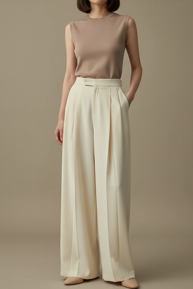 Pantalon Beige Plissé, Fluide, Taille Haute, Élégant - Polyester