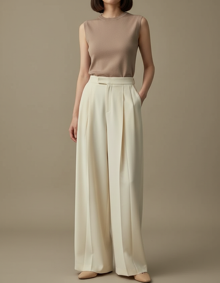 Pantalon Beige Plissé, Fluide, Taille Haute, Élégant - Polyester