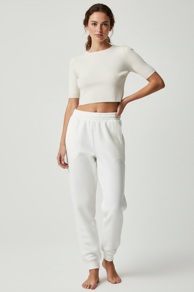 Pantalon Beige Molletonné Décontracté Confortable Cordon - Blanc
