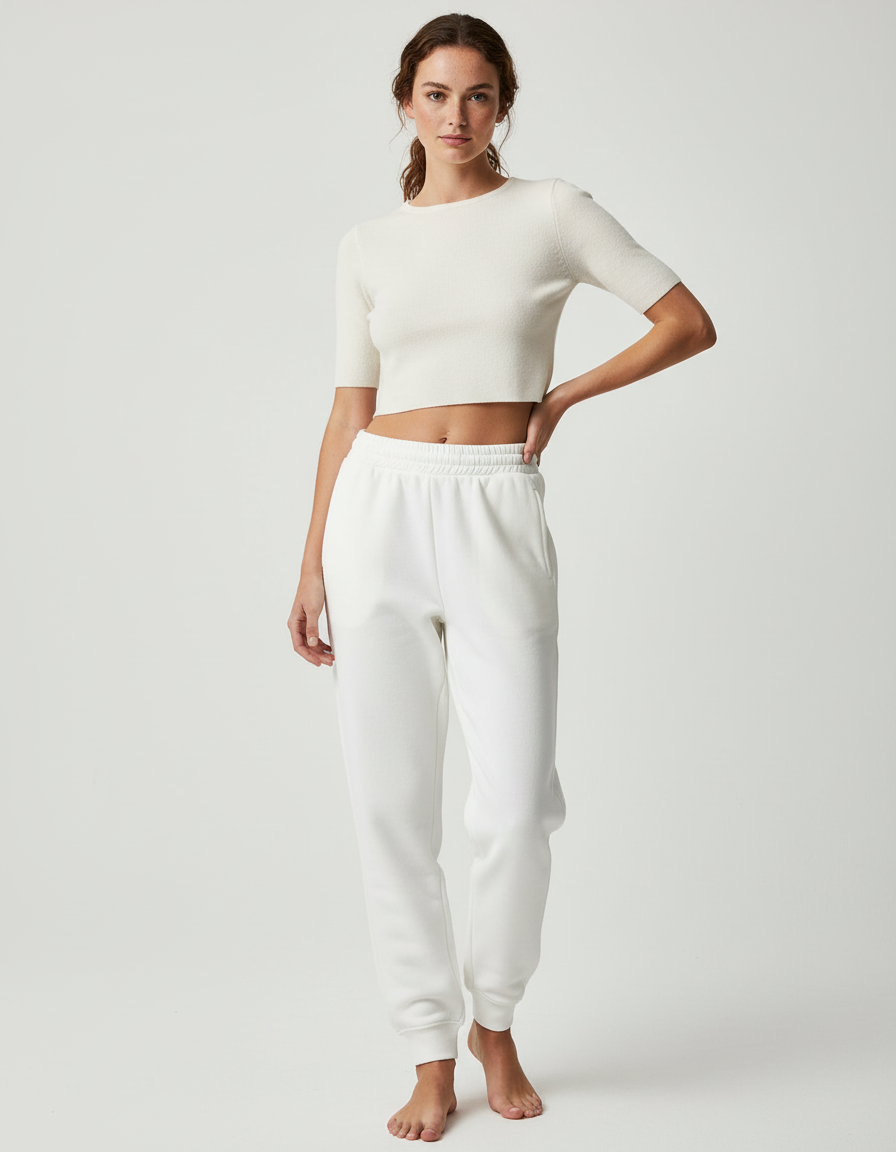 Pantalon Beige Molletonné Décontracté Confortable Cordon - Blanc