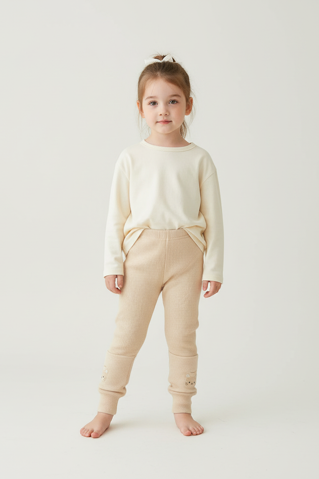 Pantalon Beige Côtelé Brodé Lapin Confortable Enfant - Maille