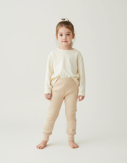 Pantalon Beige Côtelé Brodé Lapin Confortable Enfant - Maille