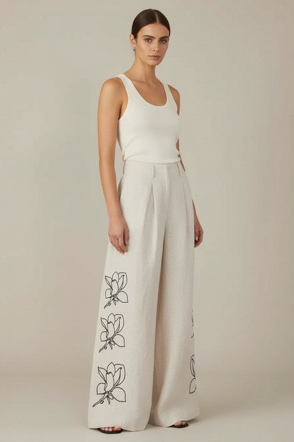 Pantalon Beige Ample Fluide Lin Brodé Floral